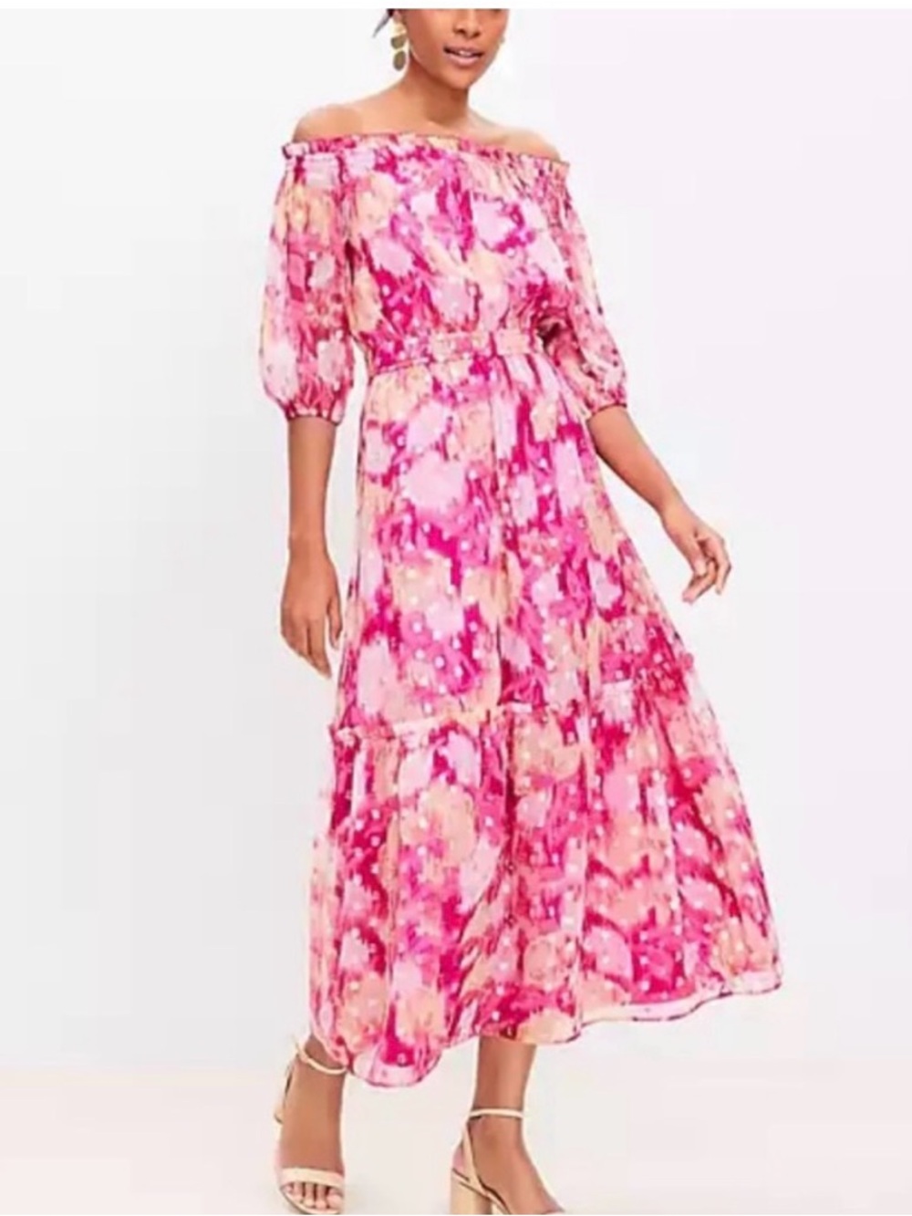 LOFT Pink Floral Off-Shoulder Maxi Dress